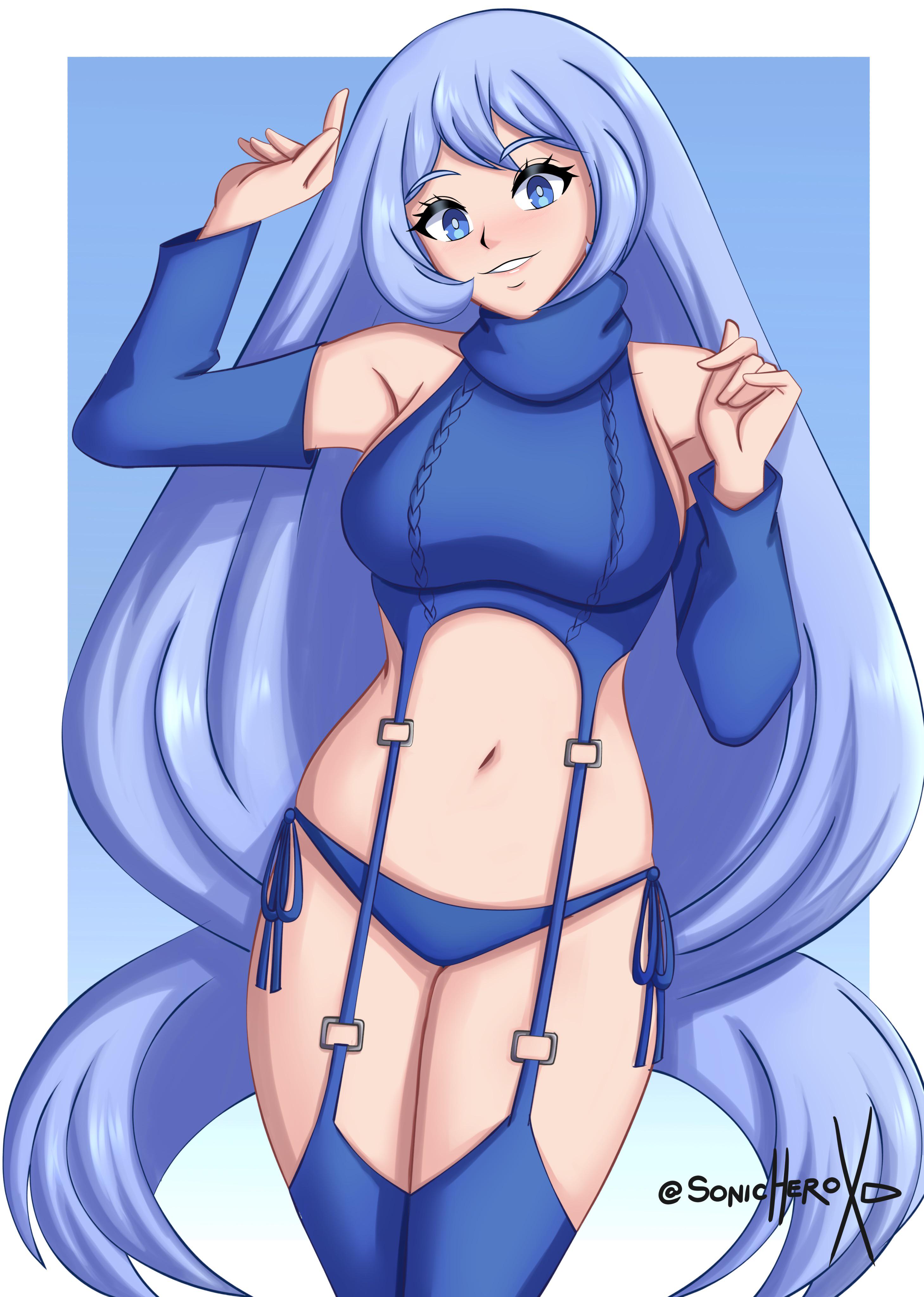 sonicheroxd, hado nejire, boku no hero academia, 1girl, artist name, bare shoulders, blue eyes, blue hair, blue panties, blue sweater, female focus, long hair, looking at viewer, matching hair/eyes, panties, solo, sweater, underwear, very long hair, virgin killer sweater