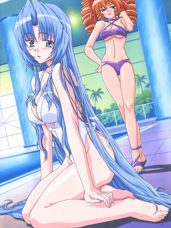 kimishima ikutomo, jihiou ryuuka, mariel (hanaukyou maid tai), hanaukyou maid tai, hanaukyou maid tai: la verite, megami magazine, highleg swimsuit, lights, official art, scan, 00s, 2girls, adjusting hair, barefoot, bikini, blue eyes, blue hair, blush, bow, breasts, casual one-piece swimsuit, ceiling, cleavage, criss-cross halter, crossed legs, day, drill hair, dutch angle, feet, from side, hair bow, halterneck, hanaukyo maids la verite, high heels, highleg, indoors, kneeling, large breasts, lipstick, long hair, long legs, looking at viewer, looking back, lowleg, lowleg bikini, makeup, multiple girls, one-piece swimsuit, orange hair, palm tree, parted lips, pillar, pool, poolside, purple bikini, red eyes, sandals, shadow, shoes, sitting, sky, smile, standing, swimsuit, thigh gap, tile floor, tiles, tree, twin drills, twintails, underboob, very long hair, water, watson cross, wet, wet hair, white one-piece swimsuit, window, yokozuwari