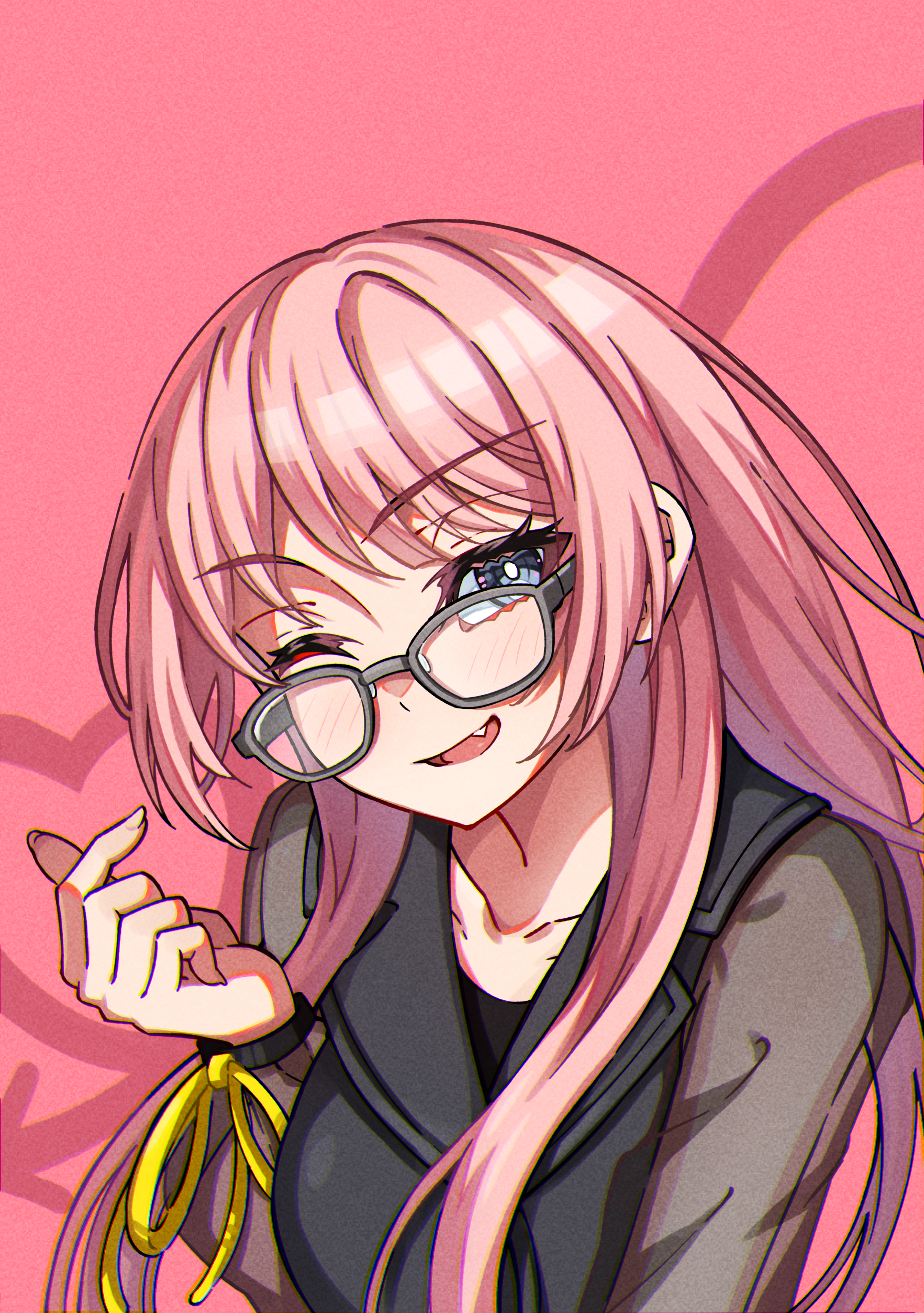 junji 17, chihaya anon, bang dream!, bang dream! it's mygo!!!!!, absurdres, commentary, highres, 1girl, blush, collarbone, fang, finger heart, glasses, grey-framed eyewear, grey eyes, long hair, long sleeves, looking at viewer, one eye closed, open mouth, pink background, pink hair, ribbon, simple background, smile, solo, teeth, upper body, upper teeth only, yellow ribbon