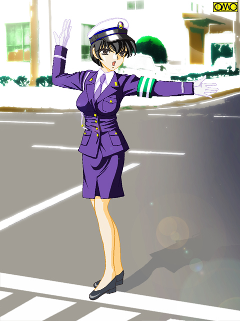 1girl, black eyes, black hair, breasts, female focus, gloves, hat, japan national police, large breasts, miniskirt, necktie, peaked cap, pencil skirt, police, police uniform, policewoman, shoes, skirt, solo, traffic officer, traffic warden, type51, whistle, white gloves