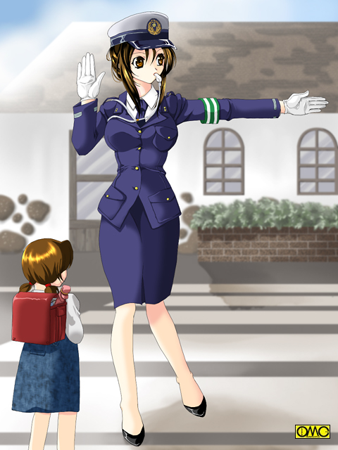 2girls, age difference, backpack, bag, black hair, breasts, brown eyes, brown hair, child, female focus, gloves, hat, high heels, japan national police, large breasts, miniskirt, multiple girls, necktie, pencil skirt, police, police uniform, policewoman, randoseru, shoes, skirt, traffic officer, traffic warden, twintails, type51, whistle, white gloves
