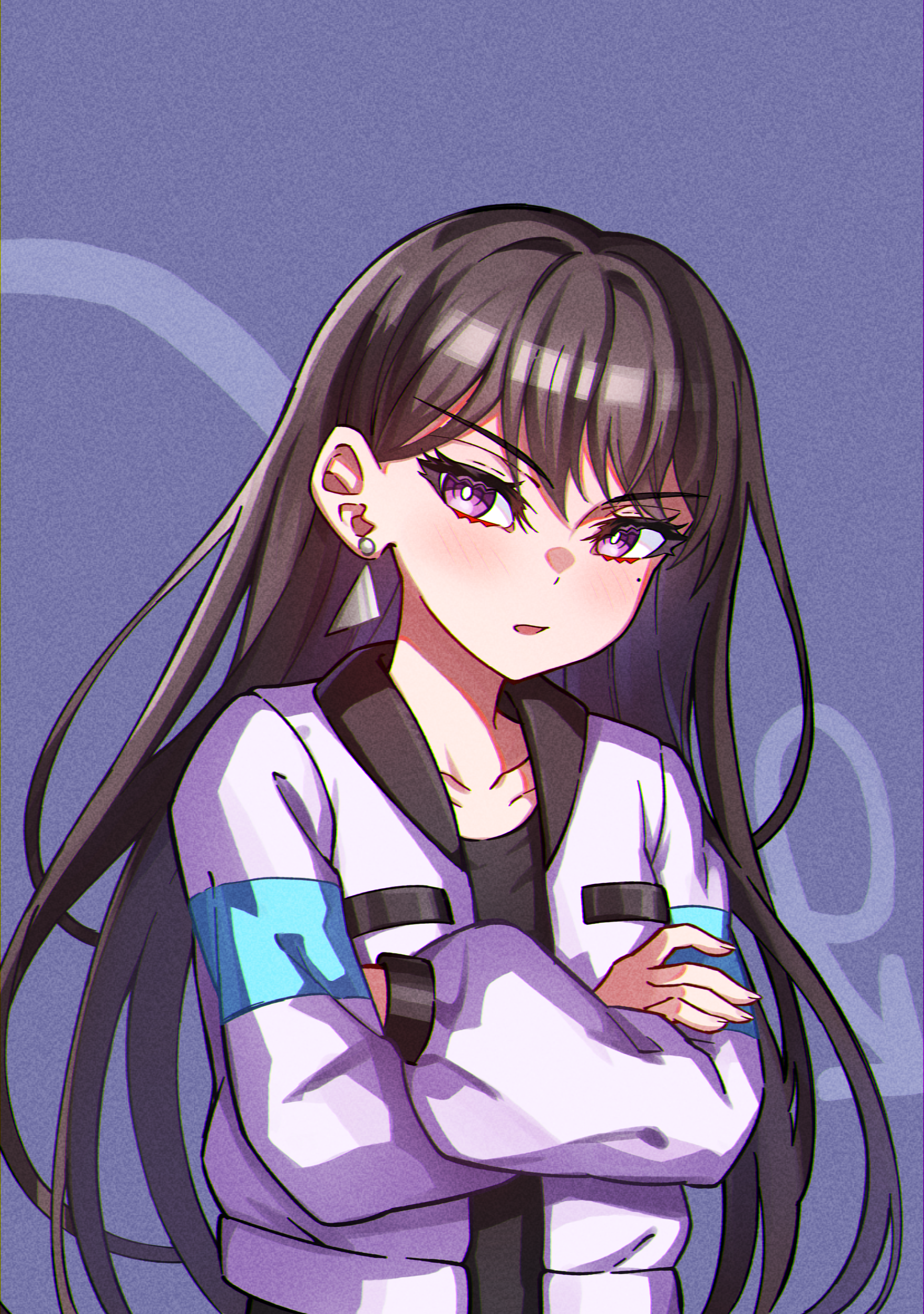 junji 17, shiina taki, bang dream!, bang dream! it's mygo!!!!!, absurdres, commentary, highres, 1girl, black hair, black shirt, earrings, jacket, jewelry, long hair, long sleeves, mole, mole under eye, open mouth, purple background, purple eyes, shirt, single earring, solo, upper body, white jacket