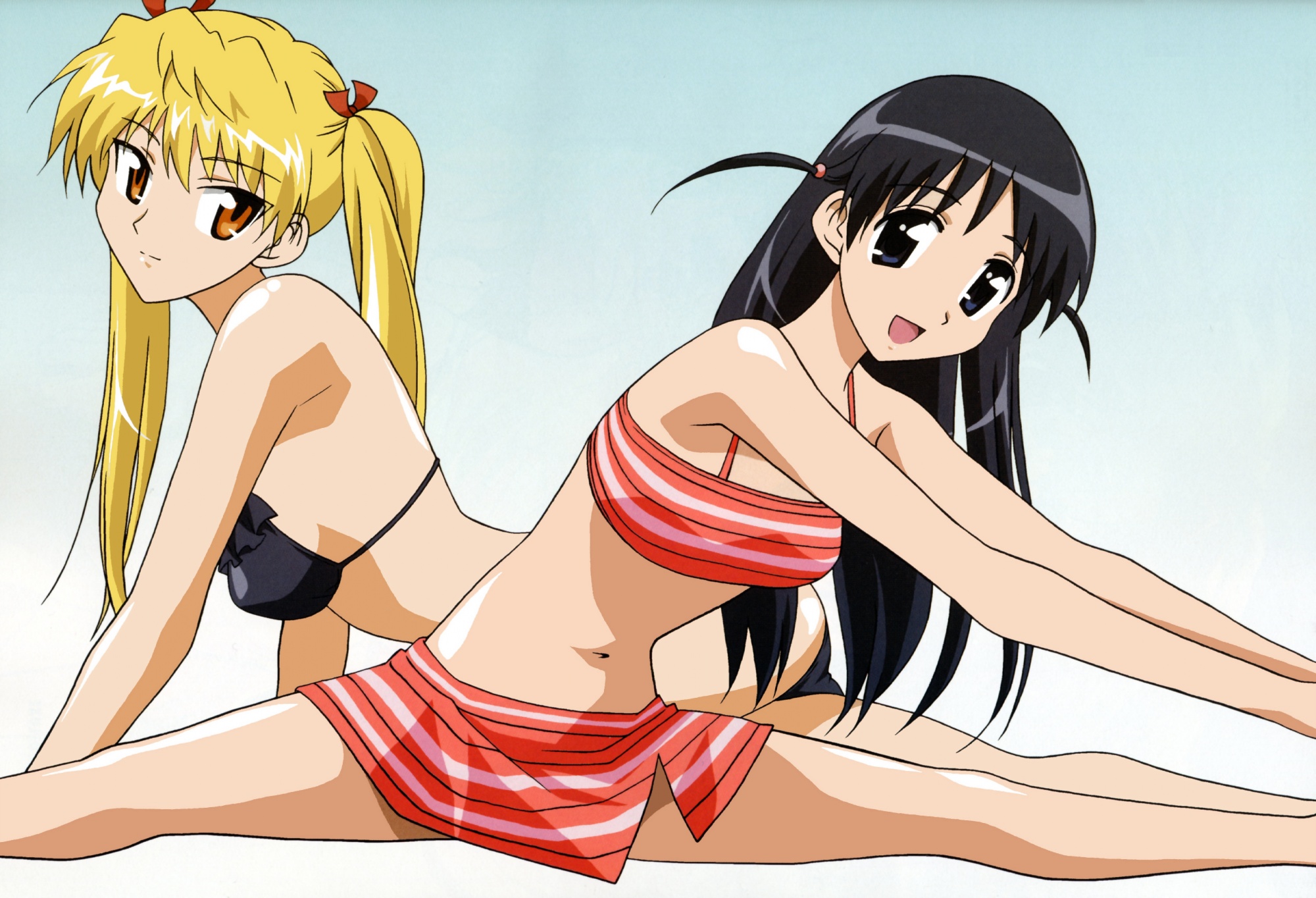 sawachika eri, tsukamoto tenma, school rumble, highres, 00s, 2girls, armpits, bikini, bikini skirt, black bikini, blonde hair, blue background, frilled bikini, frills, from side, gradient background, leaning to the side, multiple girls, parted bangs, red bikini, short twintails, split, stretching, striped bikini, striped clothes, swimsuit, twintails, two side up, white background
