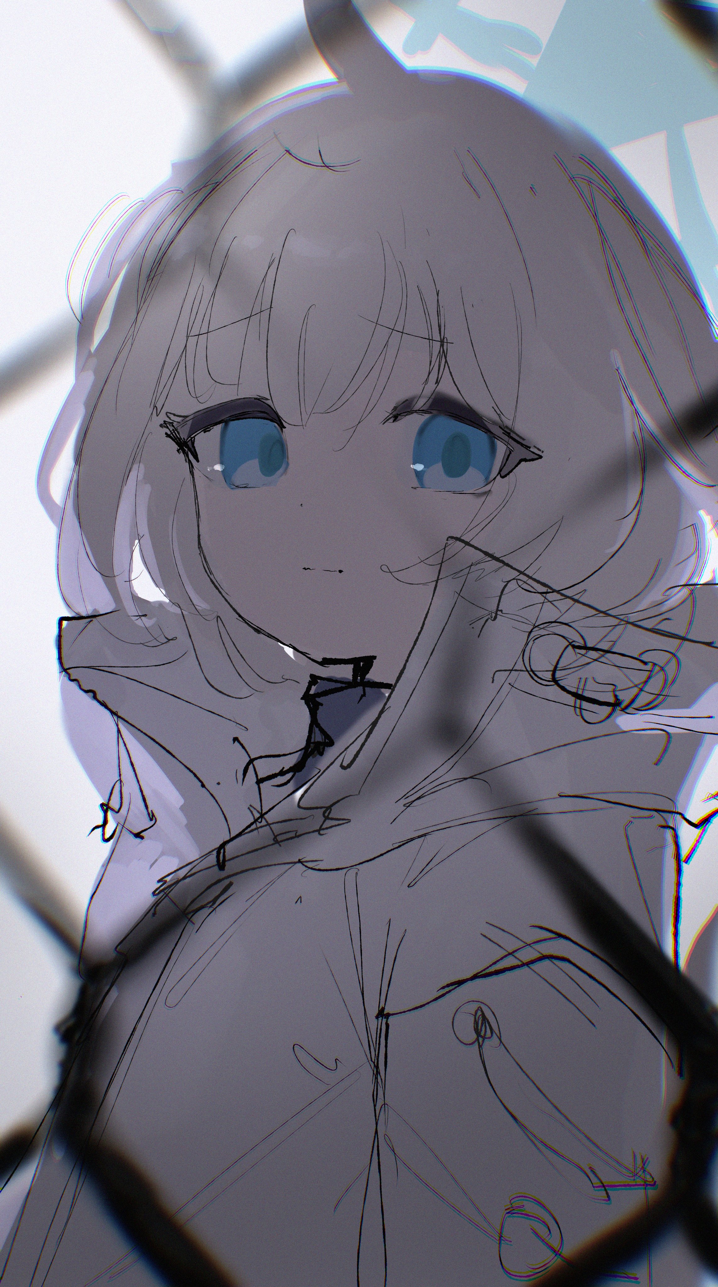 aya86qi, maia (blue archive), blue archive, absurdres, highres, 1girl, ahoge, blue eyes, blue halo, blurry, chain-link fence, closed mouth, fence, halo, high collar, jacket, looking at viewer, short hair, sketch, solo, upper body, white jacket