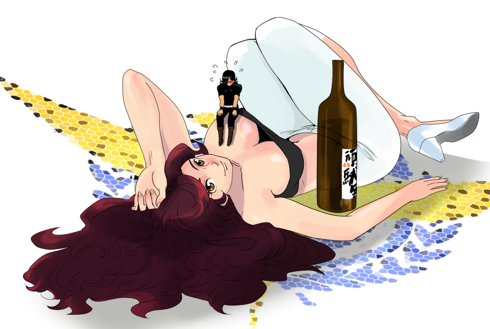 muto25, allelujah haptism, sumeragi lee noriega, gundam, gundam 00, 00s, 1boy, 1girl, alcohol, bandeau, beer, breasts, brown hair, cleavage, giant, giantess, high heels, large breasts, long hair, shoes, smile, spandex, strapless, tube top