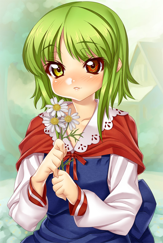 kink (tortoiseshell), c.c., code geass, spoilers, 00s, 1girl, aged down, child, female focus, flower, geass, green hair, heterochromia, nature, outdoors, short hair, solo, yellow eyes