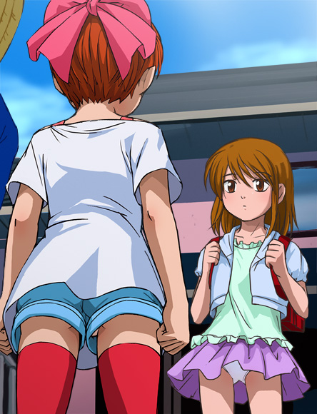 haruyama kazunori, nekomusume, gegege no kitarou, toei company, 2girls, back, bow, hair bow, hair ribbon, multiple girls, panties, pink bow, red hair, ribbon, short hair, standing, thighhighs, underwear, upshorts