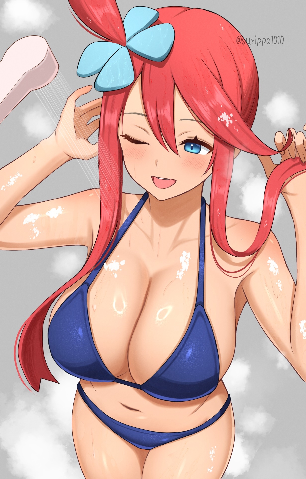 surippa1010, skyla (pokemon), nintendo, pokemon, pokemon bw, commentary request, highres, 1girl, ;d, bikini, blue bikini, blue eyes, collarbone, grey background, long hair, navel, one eye closed, open mouth, showering, sidelocks, simple background, smile, solo, swimsuit, twitter username, wet
