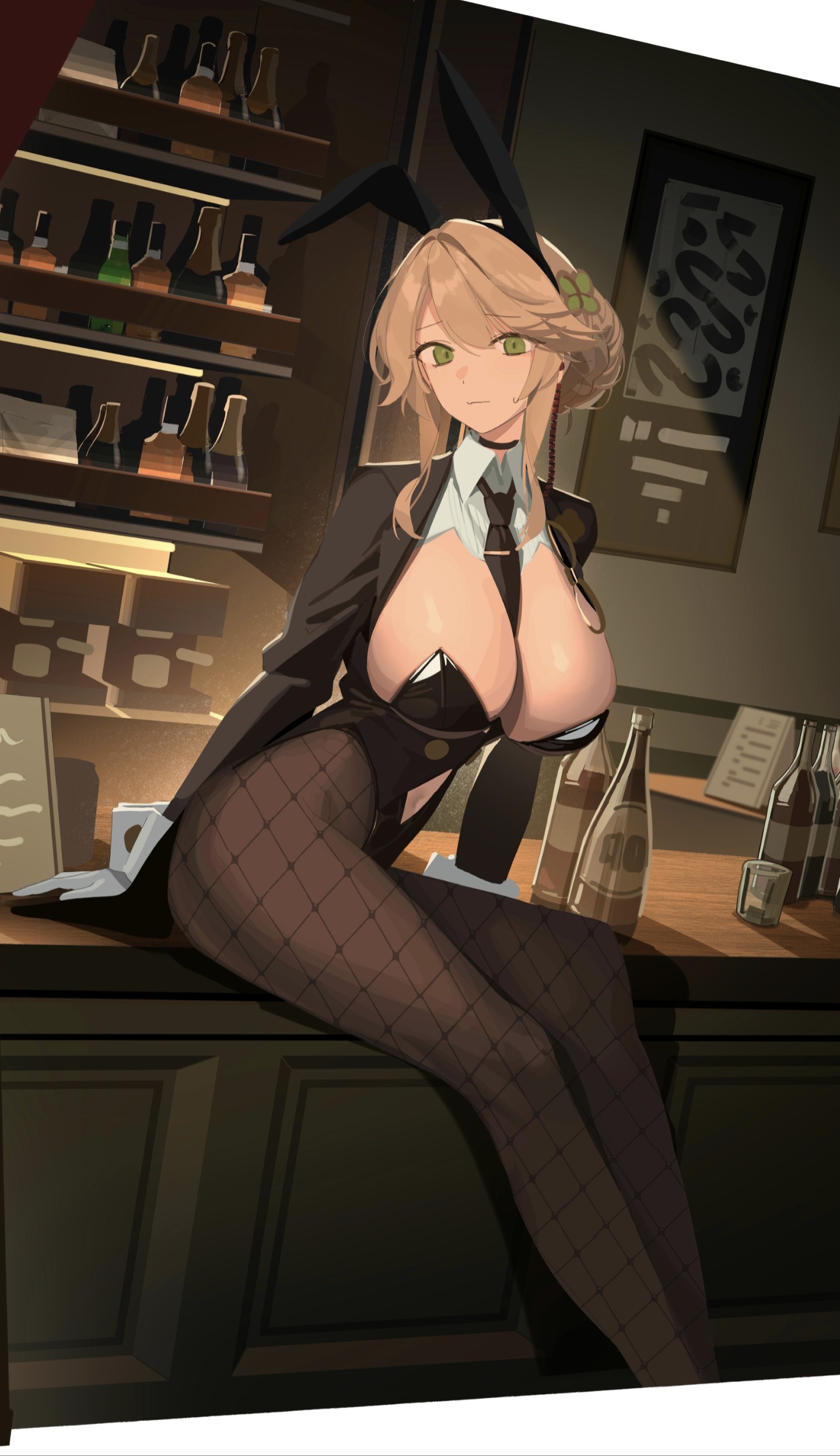 prizent, ade (agent bunny) (nikke), ade (nikke), goddess of victory: nikke, absurdres, highres, 1girl, alcohol, animal ear hairband, animal ears, bar (place), between breasts, black choker, black jacket, black leotard, black necktie, blonde hair, bottle, braid, breasts, bun with braided base, choker, cleavage, closed mouth, clothing cutout, counter, cup, detached collar, drinking glass, earpiece, fake animal ears, fishnet pantyhose, fishnets, glasses, gloves, green eyes, hair between eyes, hair ornament, hairband, highleg, highleg leotard, indoors, jacket, large breasts, leotard, liquor, long sleeves, looking at viewer, navel, navel cutout, necktie, necktie between breasts, official alternate costume, pantyhose, playboy bunny, rabbit ear hairband, rabbit ears, shelf, shot glass, sidelocks, sitting, solo, strapless, strapless leotard, sweat, swept bangs, undersized breast cup, unworn eyewear, white wrist cuffs, wine bottle, wrist cuffs