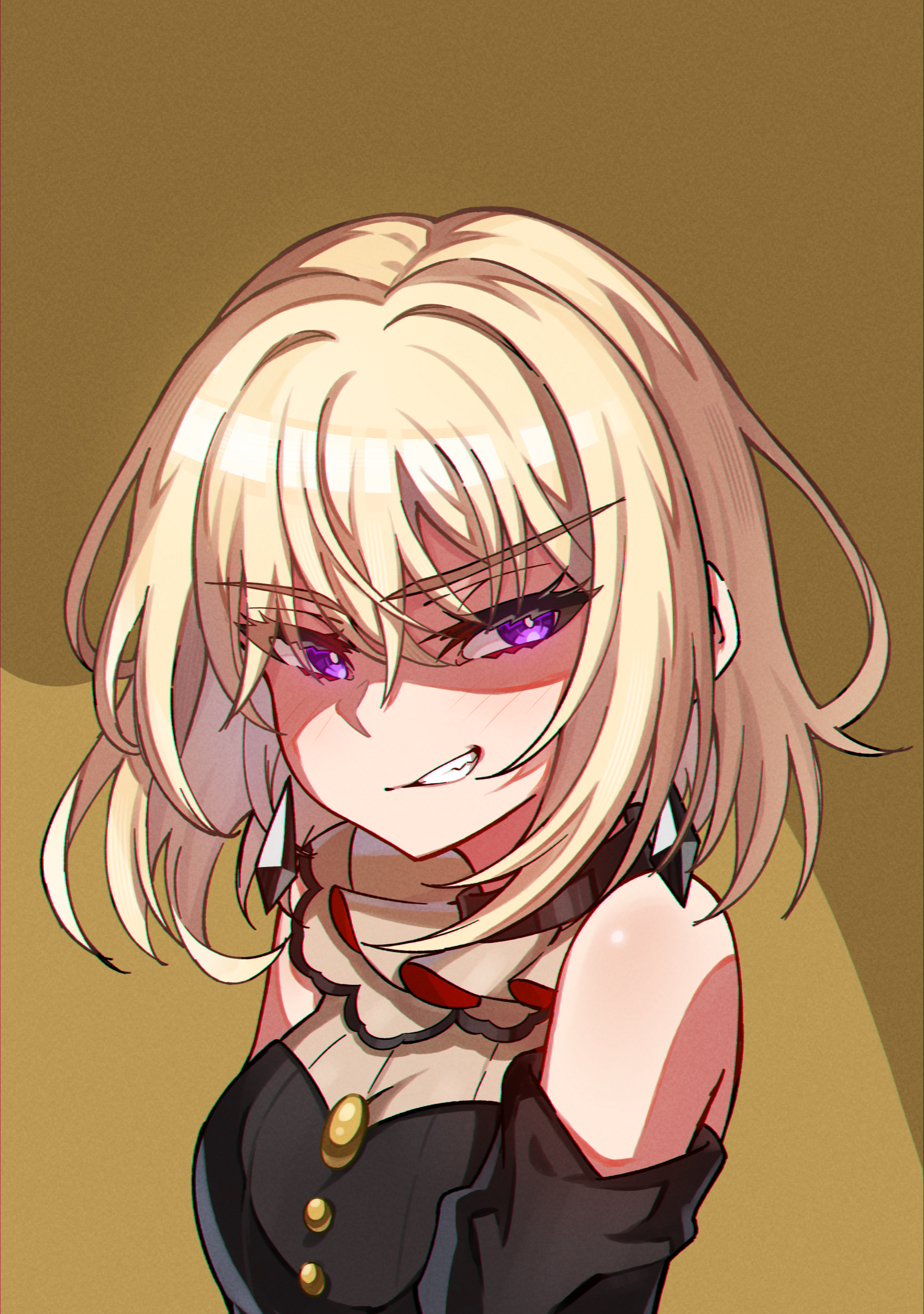 junji 17, doloris (bang dream!), misumi uika, bang dream!, bang dream! it's mygo!!!!!, absurdres, commentary, highres, 1girl, blonde hair, breasts, brown background, earrings, evil grin, evil smile, grin, hair between eyes, jewelry, juliet sleeves, long sleeves, medium breasts, medium hair, puffy sleeves, purple eyes, smile, solo, upper body