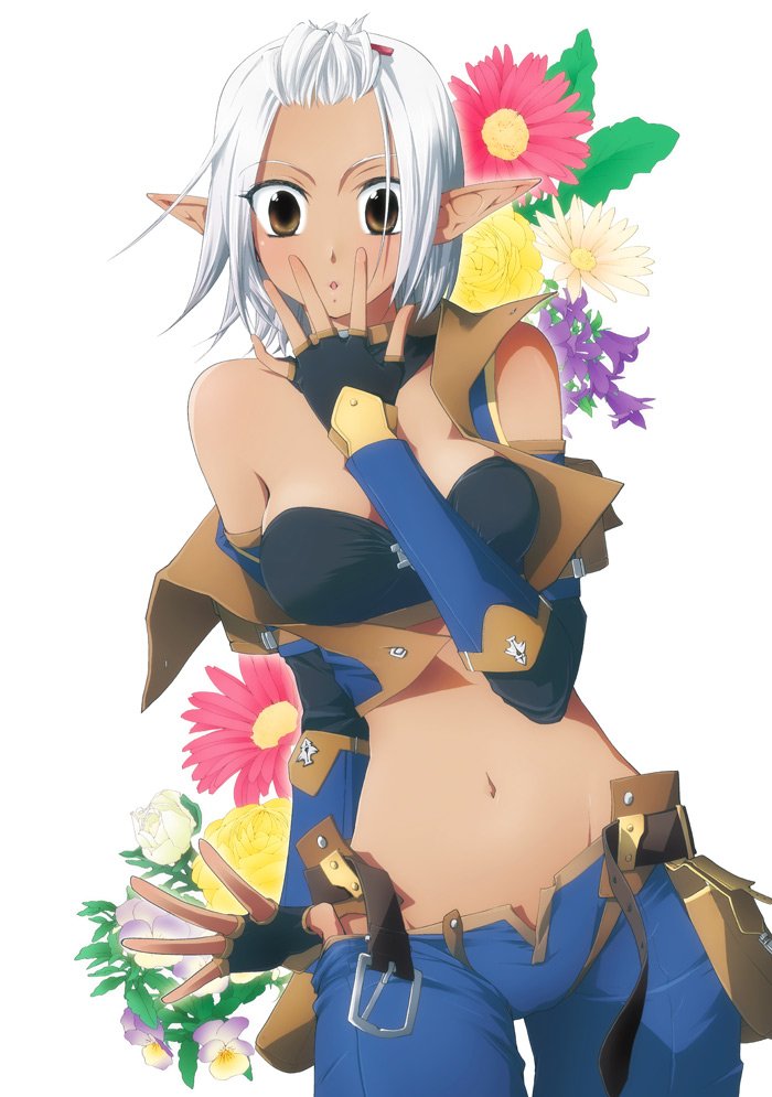 toroshio, elvaan, final fantasy, final fantasy xi, bad id, bad pixiv id, 00s, 1girl, belt, brown eyes, covering own mouth, elbow gloves, elf, female focus, fingerless gloves, flower, gloves, hand over mouth, hand over own mouth, midriff, open belt, pointy ears, solo, unbuckled, unbuttoned, white hair