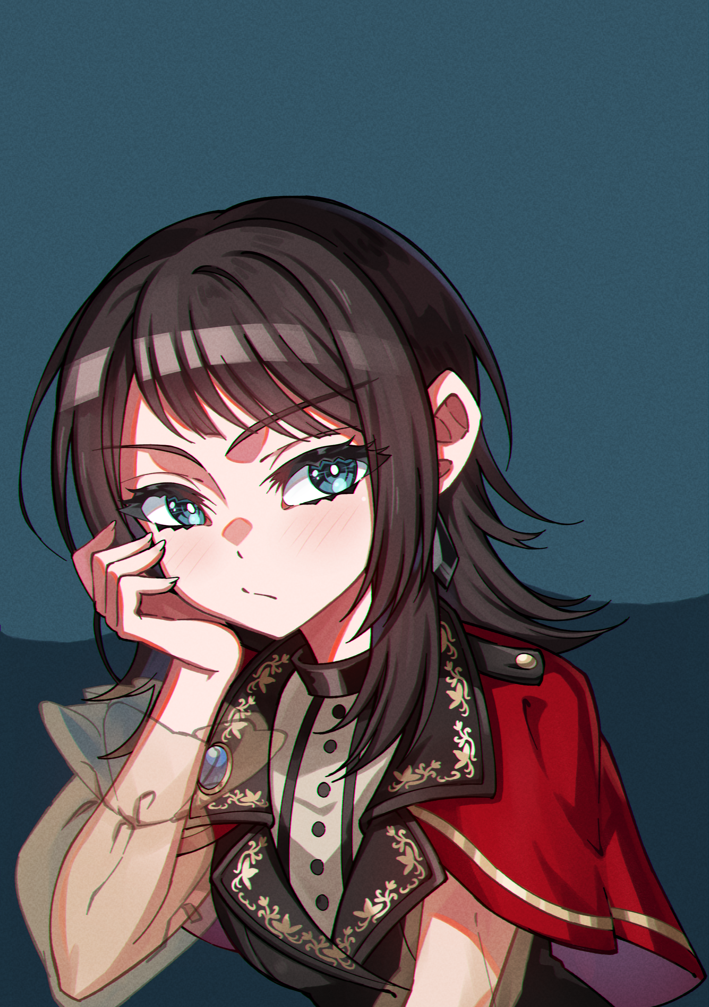 junji 17, timoris (bang dream!), yahata umiri, bang dream!, bang dream! it's mygo!!!!!, absurdres, commentary, highres, 1girl, black hair, black vest, blue background, blue eyes, blush, capelet, closed mouth, long sleeves, looking at viewer, medium hair, red capelet, see-through clothes, see-through sleeves, shirt, sidelocks, solo, upper body, vest, white shirt