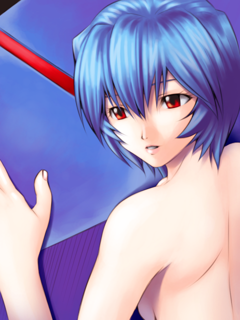 yagitori, ayanami rei, neon genesis evangelion, bad id, bad pixiv id, bare shoulders, blue hair, completely nude, nude, red eyes, short hair, solo