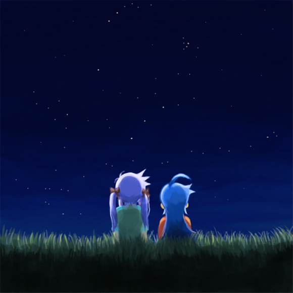 kusaka yoru, hiiragi kagami, izumi konata, lucky star, 00s, 2girls, ahoge, blue hair, bow, grass, hair bow, long hair, multiple girls, night, purple hair, sky, star (sky), star (symbol), starry sky, twintails, very long hair