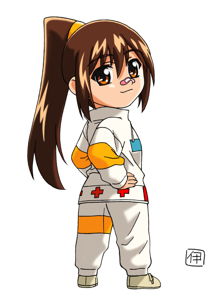 itou katsunobu, kagariya momiji, soreyuke! uchuu senkan yamamoto youko, 1990s (style), 1girl, bandaid, bandaid on face, bandaid on nose, brown hair, chibi, female focus, from behind, full body, hands on own hips, high ponytail, long hair, looking at viewer, looking back, orange eyes, ponytail, retro artstyle, simple background, smile, solo, standing, white background