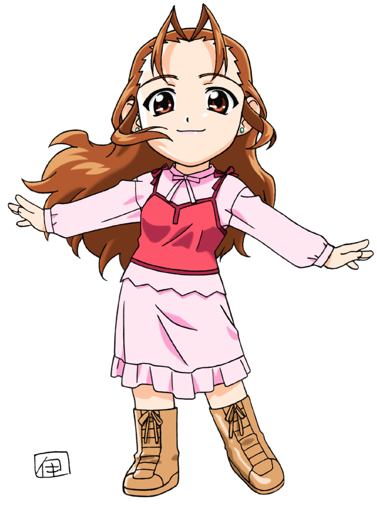 itou katsunobu, midou madoka, soreyuke! uchuu senkan yamamoto youko, 1990s (style), 1girl, antenna hair, boots, brown boots, brown eyes, brown hair, camisole, chibi, dress, earrings, female focus, full body, jewelry, knee boots, long sleeves, outstretched arms, pink dress, retro artstyle, simple background, solo, standing, stud earrings, white background