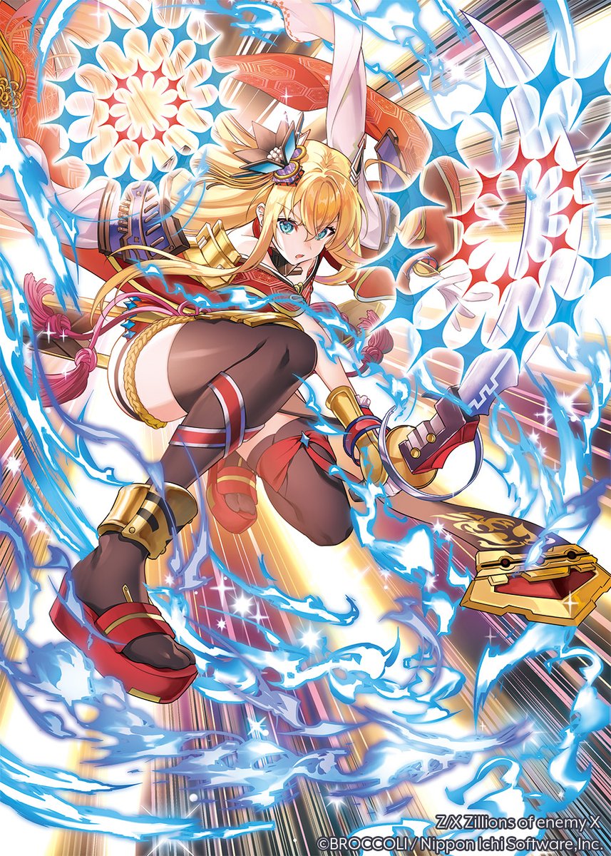 konatsu hare, rigel (z/x), z/x, highres, official art, 1girl, aura, bare shoulders, blonde hair, blue eyes, copyright notice, floating hair, gold trim, hair ornament, holding, holding sword, holding weapon, long hair, on one knee, open mouth, red sandals, sandals, solo, sparkle, sword, thighhighs, vambraces, very long hair, weapon