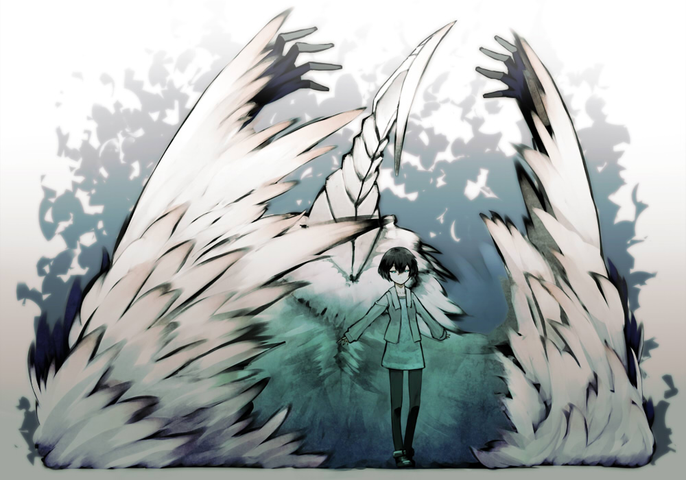 kahadu (kawazu), black legwear, bad id, bad pixiv id, 1girl, aqua eyes, black hair, collarbone, feathered wings, female focus, full body, green jacket, green shirt, jacket, looking at viewer, open clothes, open jacket, outstretched arm, pants, shirt, short hair, solo, standing, surreal, wings