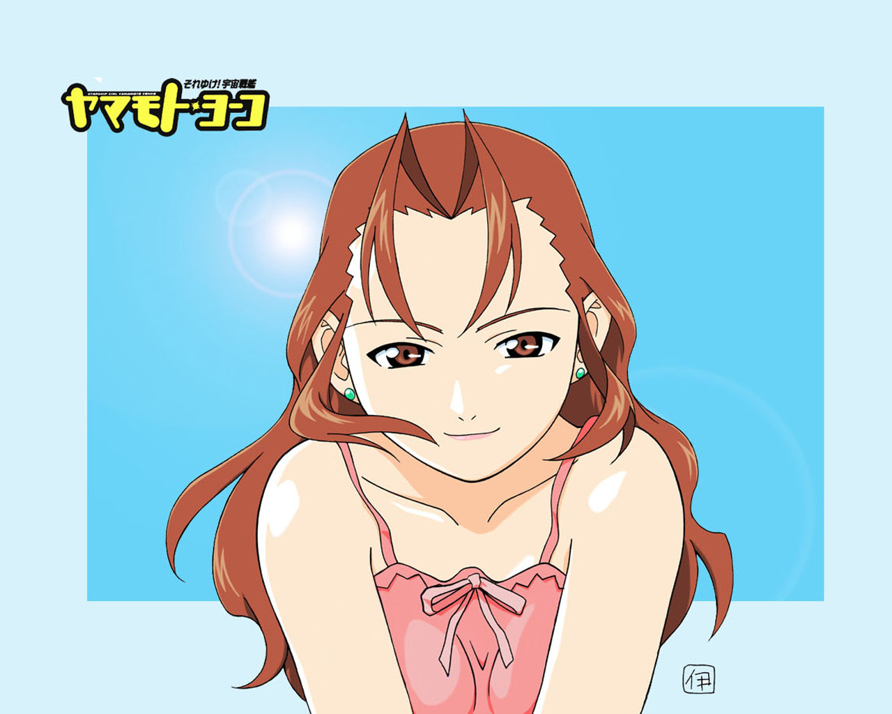 itou katsunobu, midou madoka, soreyuke! uchuu senkan yamamoto youko, 1990s (style), 1girl, antenna hair, bare shoulders, blue background, brown eyes, brown hair, camisole, collarbone, earrings, female focus, forehead, jewelry, long hair, red hair, retro artstyle, simple background, smile, solo, spaghetti strap, stud earrings, text focus
