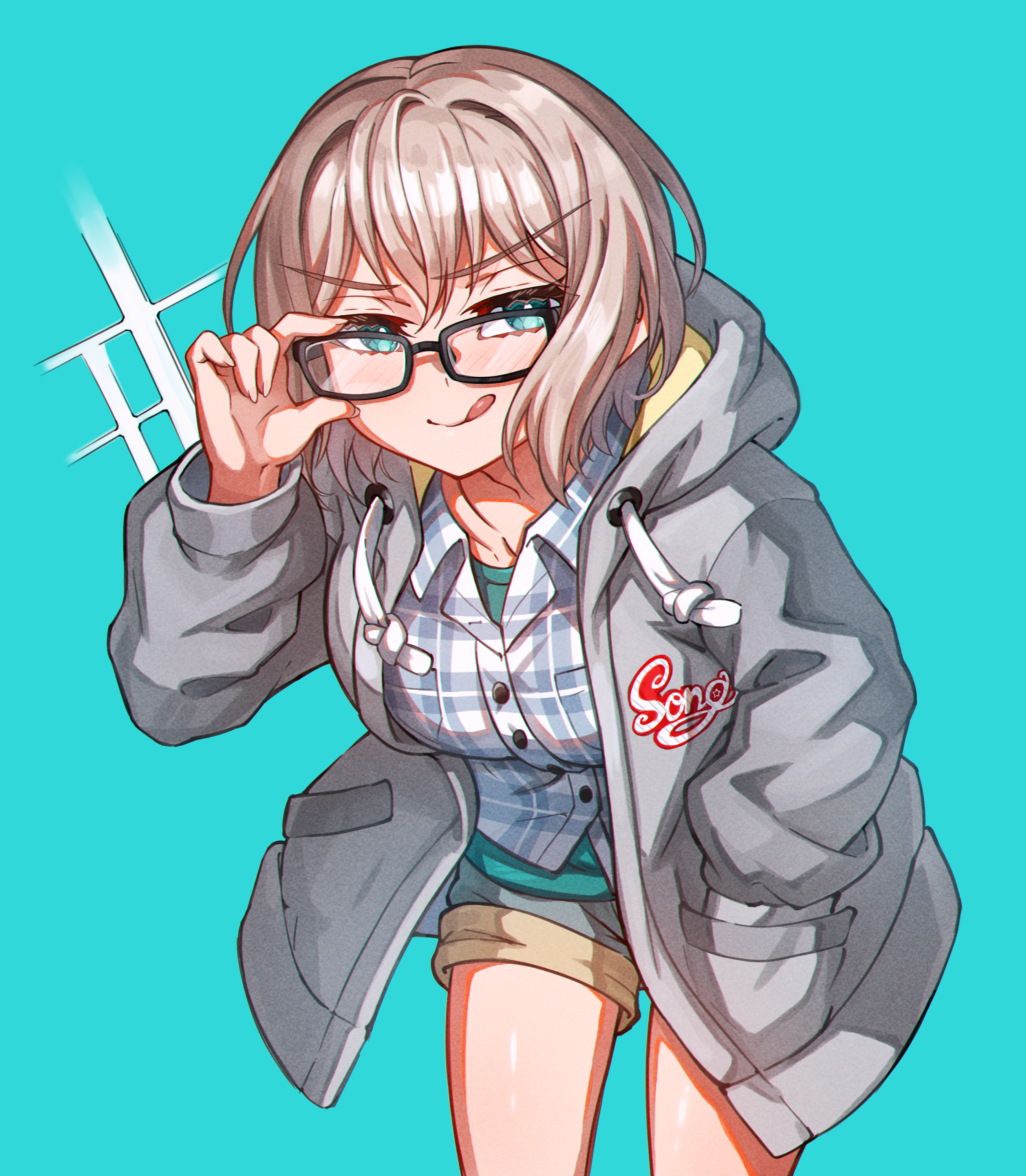 junji 17, aoba moca, bang dream!, absurdres, commentary, highres, 1girl, adjusting eyewear, aqua background, aqua eyes, black-framed eyewear, blue shirt, glasses, grey hair, grey jacket, grey shorts, hand in pocket, hood, hood down, hooded jacket, jacket, looking at viewer, open clothes, open jacket, shirt, short hair, shorts, solo