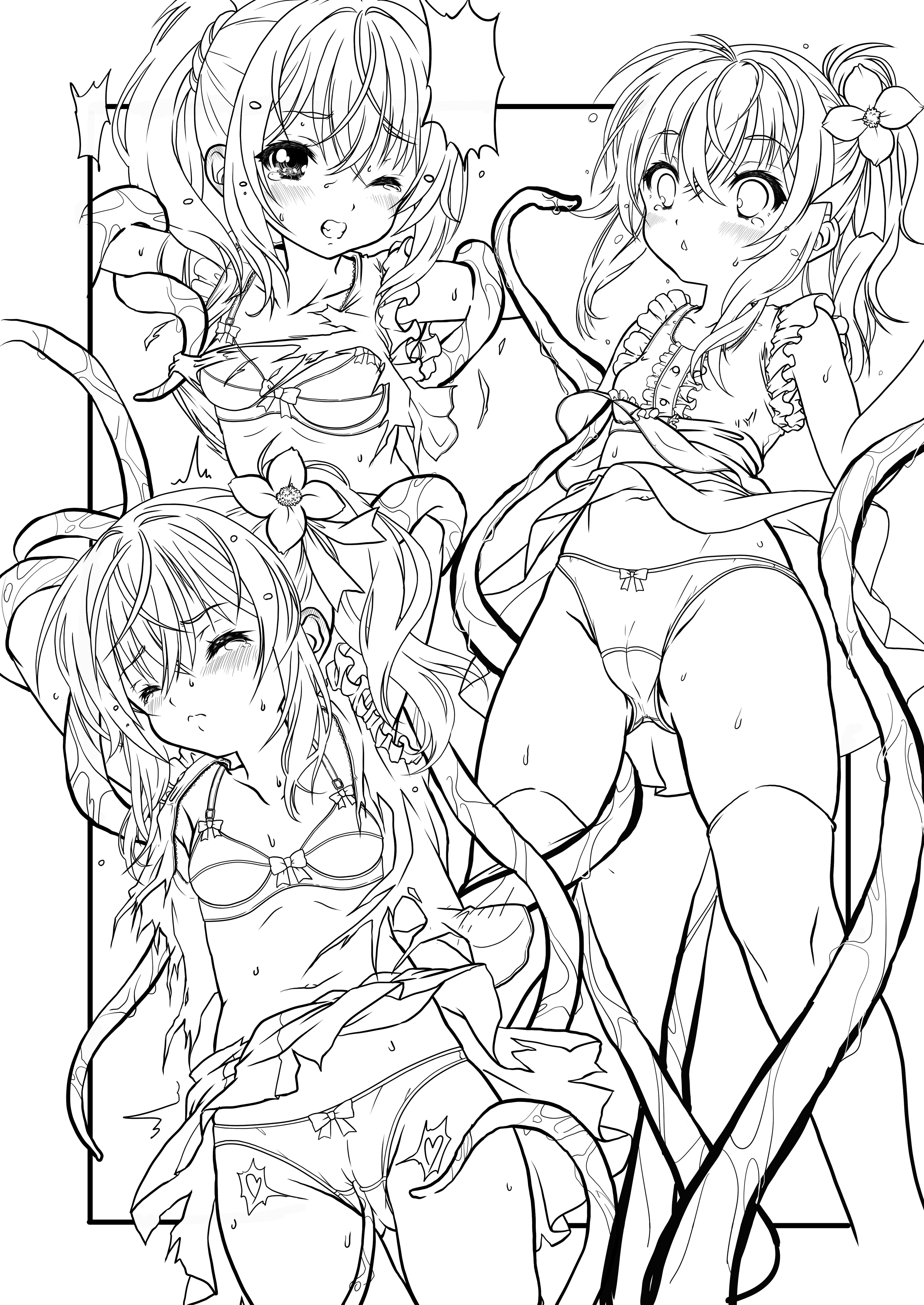 zen usami, original, absurdres, commentary request, highres, translation request, 1girl, arms behind head, aroused, bow, bow panties, bra, breasts, cameltoe, cleft of venus, clenched teeth, closed eyes, clothes lift, feet out of frame, flower, frilled shirt, frills, greyscale, groping, hair flower, hair ornament, heart, imminent rape, miniskirt, molestation, monochrome, multiple views, navel, one eye closed, panties, pussy, restrained, shirt, shirt lift, skirt, skirt lift, sleeveless, small breasts, surprised, sweat, tears, teeth, tentacle sex, tentacles, thighhighs, thighs, torn clothes, underwear, undressing