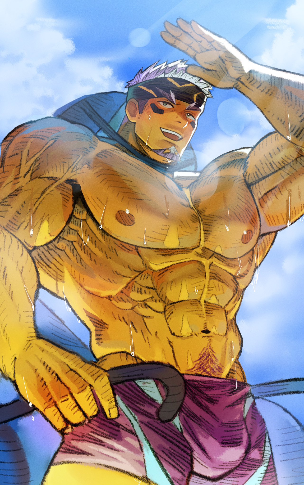 toshun (momotoshi), live a hero, highres, 1boy, abs, bara, beach, blush, cowboy shot, dark-skinned male, dark skin, facial hair, from below, goatee, huge pectorals, male focus, male swimwear, mature male, muscular, muscular male, navel, navel hair, nipples, purple hair, purple male swimwear, shaft (live a hero), short hair, shredded muscles, sideburns stubble, solo, standing, stomach, stubble, sunlight, thick eyebrows, topless male, two-tone beard, v-taper
