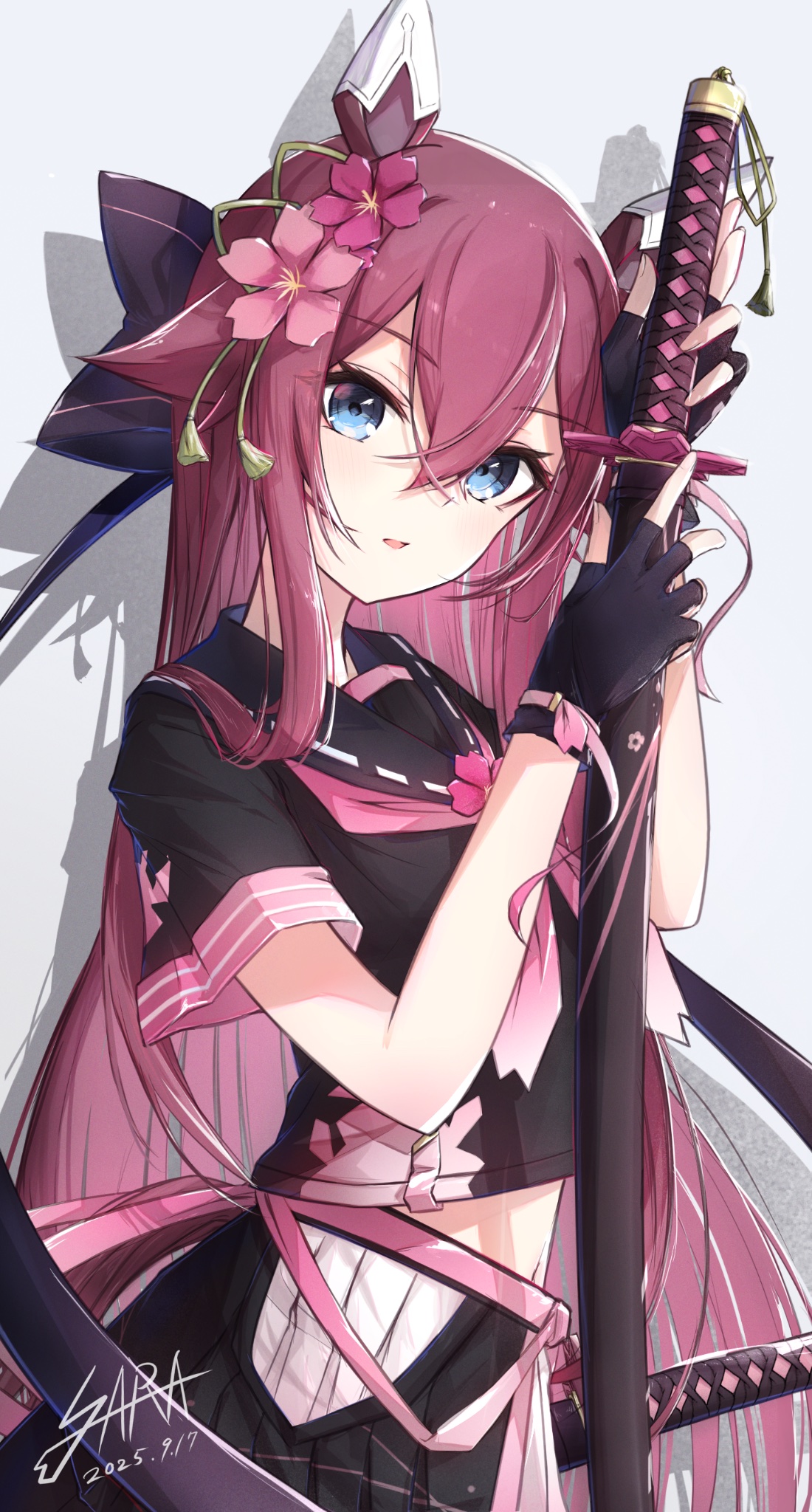 sarasuty, sakura chiyono o (umamusume), umamusume, commentary request, highres, 1girl, alternate costume, alternate hair length, alternate hairstyle, animal ears, blue eyes, blush, breasts, collarbone, dated, fingerless gloves, gloves, hair between eyes, hair flaps, hair ornament, horse ears, horse girl, horse tail, katana, looking at viewer, midriff, navel, pink hair, signature, sword, tail, weapon, white background