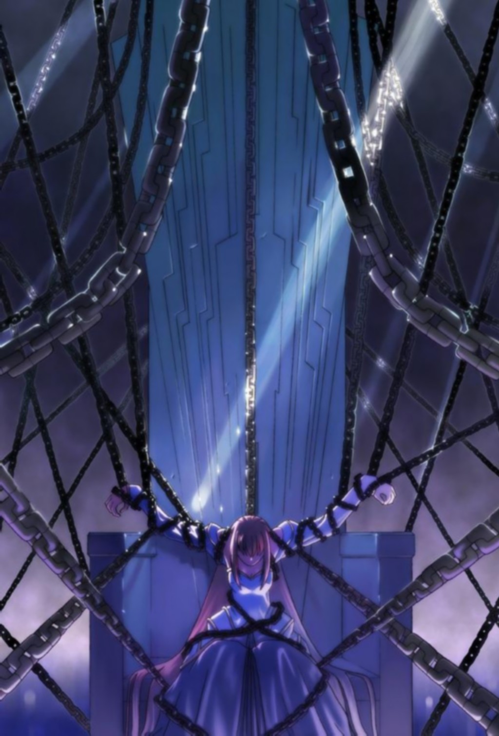archetype earth, arcueid brunestud, tsukihime, highres, official art, 00s, 1girl, bdsm, blonde hair, bondage, bound, breasts, chain, chair, cleavage, covered eyes, dress, female focus, long hair, millenium castle brunestud, sitting, solo, sparkle, throne, very long hair, vivory seat