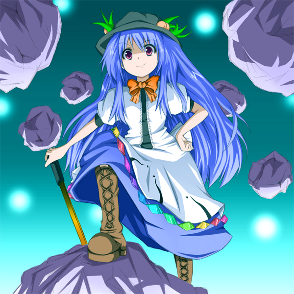 wata, hinanawi tenshi, touhou, bad id, bad pixiv id, 1girl, blue hair, female focus, food, fruit, gradient background, hat, long hair, peach, ribbon, solo, standing, sword, sword of hisou, weapon