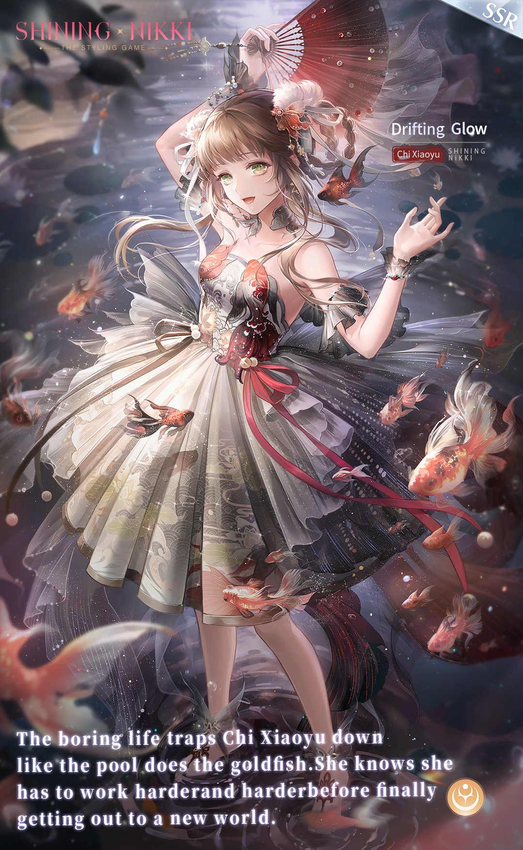 nikki (series), shining nikki, artist request, commentary, english commentary, highres, official art, second-party source, 1girl, ankle cuffs, back bow, bare shoulders, barefoot, black bow, black collar, black corset, black ribbon, black sleeves, black wrist cuffs, blunt bangs, bow, braid, braided hair rings, brown hair, character name, chi xiaoyu, chinese clothes, circle skirt, collar, collarbone, copyright name, corset, detached collar, detached sleeves, dress, english text, eyelashes, fish, floating silk (shining nikki), floral print, flying fish, folding fan, frilled sleeves, frills, goldfish, green dress, green eyes, hair ornament, hair rings, hand fan, holding, holding fan, lake, large bow, light particles, lily pad, logo, long hair, looking at viewer, medium dress, night, official alternate color, open mouth, outdoors, pleated dress, pom pom (clothes), pom pom hair ornament, print dress, red ribbon, ribbon, ripples, short hair with long locks, short sleeves, sidelocks, smile, solo, standing, standing on liquid, strapless, strapless dress, tassel, tassel hair ornament, tree, waist ribbon, white ribbon, wrist cuffs