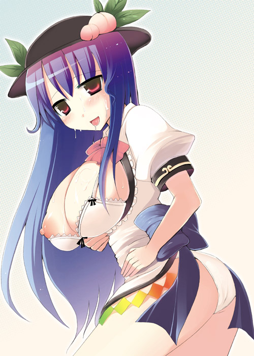 kujiran, hinanawi tenshi, touhou, 1girl, ass, bra, breasts, female focus, gradient background, huge breasts, lingerie, nipples, panties, puffy nipples, solo, sweat, underwear