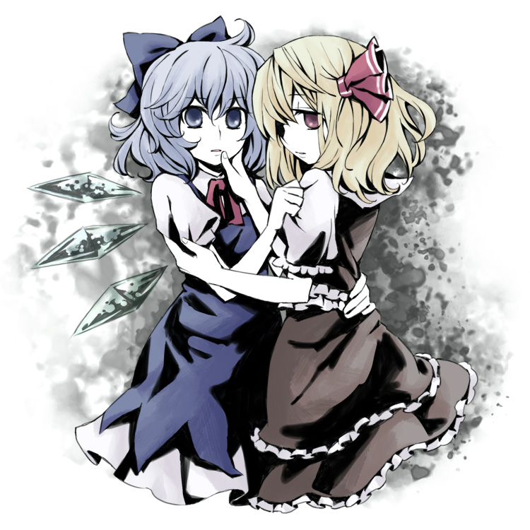 arata iri, cirno, rumia, embodiment of scarlet devil, touhou, bad id, bad pixiv id, 2girls, blonde hair, blue eyes, blue hair, bow, clothes grab, fairy, female focus, hand on another's cheek, hand on another's face, hand on own hip, hip focus, multiple girls, red eyes, short hair, wings, yuri