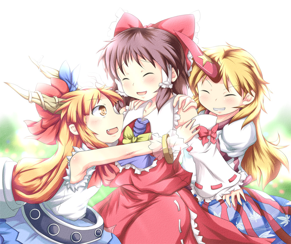 konata gazel, nanatsuhane, hakurei reimu, hoshiguma yuugi, ibuki suika, touhou, bad id, bad pixiv id, 3girls, closed eyes, female focus, horns, long hair, multiple girls, single horn, smile