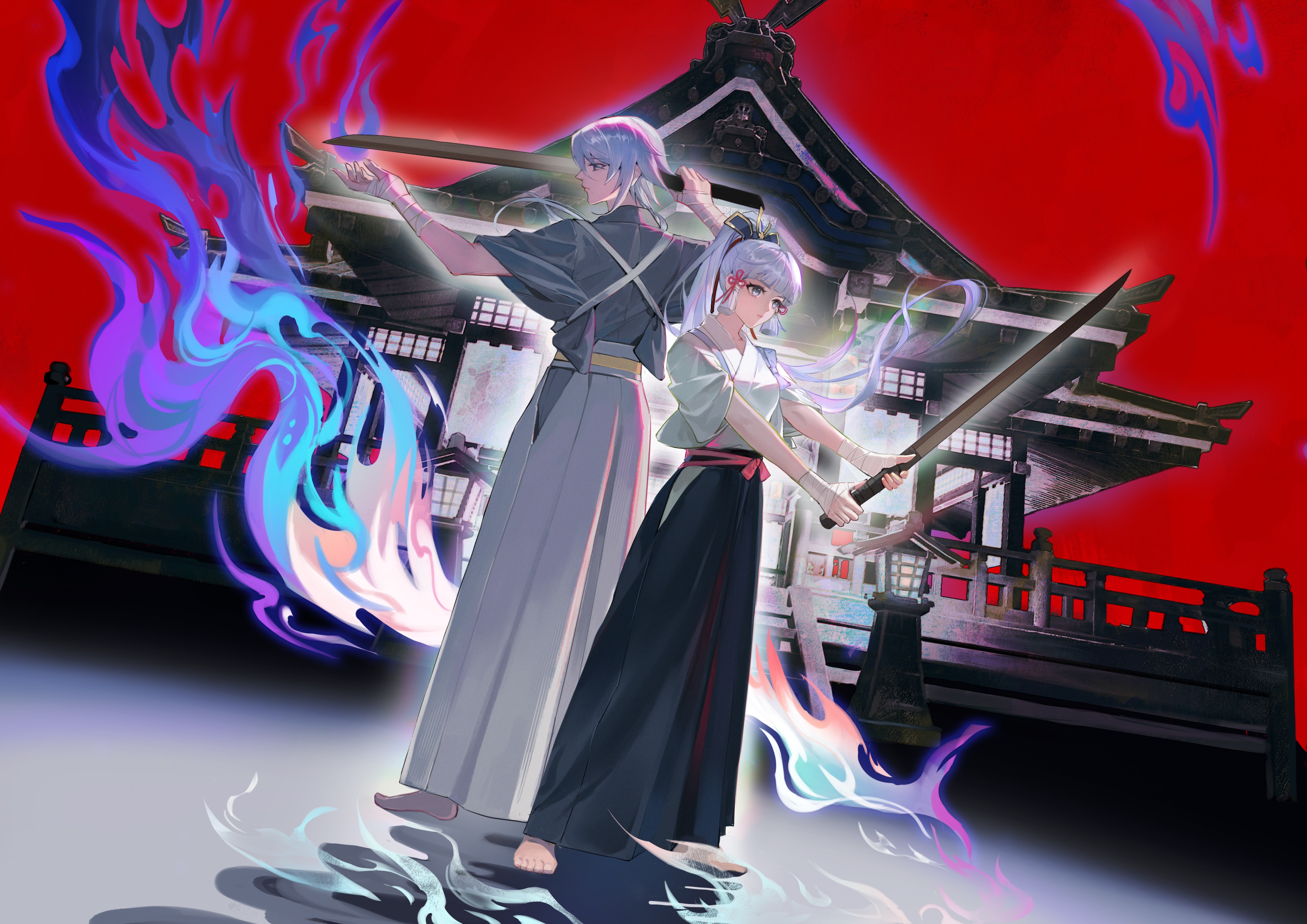 guaisanmu, ayaka (genshin impact), kamisato ayato, genshin impact, absurdres, chinese commentary, highres, 1boy, 1girl, architecture, back-to-back, barefoot, black hakama, blue eyes, blue fire, blue hair, blunt bangs, blunt tresses, bokken, brother and sister, closed mouth, east asian architecture, expressionless, fighting stance, fire, flower knot, full body, grey kimono, hair between eyes, hair ornament, hair ribbon, hakama, hand to blade, hand up, high ponytail, holding, holding sword, holding weapon, house, japanese clothes, kimono, long hair, looking ahead, mole, mole under eye, mole under mouth, outstretched arm, outstretched arms, ponytail, profile, purple eyes, red sky, ribbon, siblings, sky, standing, standing on liquid, stone lantern, sword, tasuki, tress ribbon, weapon, white hair, white hakama, white kimono, wooden sword, wrist wrap