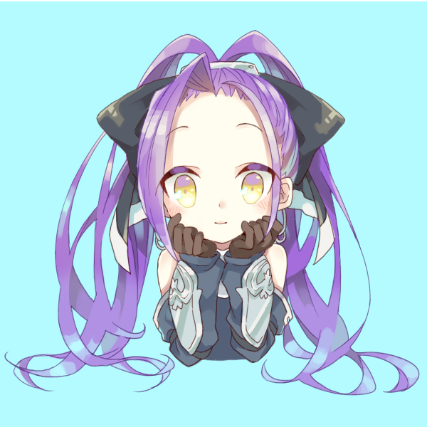 shinomaru hajime, emil chronicle online, 1girl, ahoge, black bow, blue background, blue sleeves, bow, brown gloves, detached sleeves, earrings, forehead, gloves, hair bow, head rest, huge ahoge, jewelry, large bow, long hair, looking at viewer, mokuju alma, ponytail, purple hair, solo, split ponytail, yellow eyes