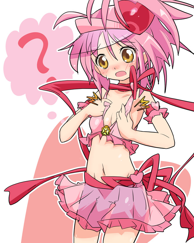 ixy, amulet heart, hinamori amu, shugo chara!, visor, 1girl, ?, blush, female focus, heart, magical girl, navel, pink hair, skirt, solo, visor cap, yellow eyes
