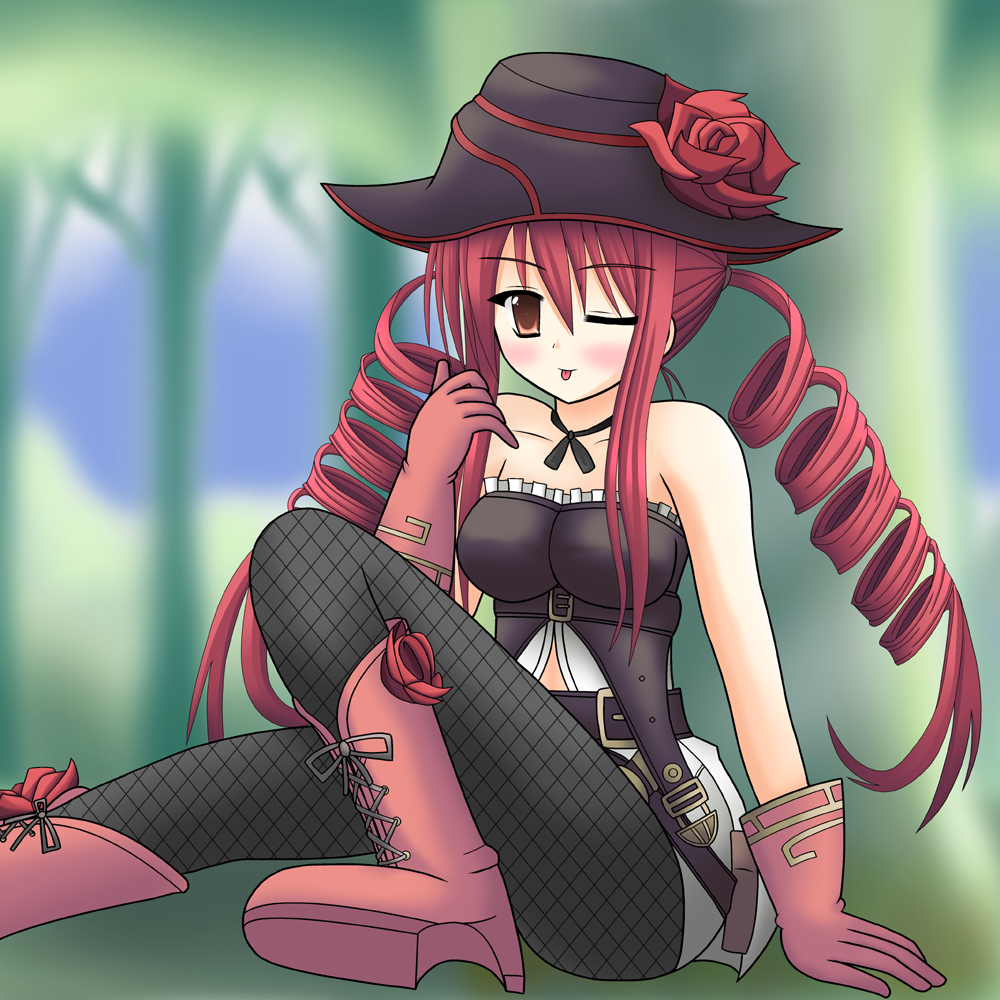 yamisupi, yamisupi (sennagi), karen (luminous arc), luminous arc, luminous arc 2, 1girl, :p, ;p, blush, boots, drill hair, female focus, fishnet pantyhose, fishnets, gloves, hat, one eye closed, pantyhose, red hair, skirt, solo, tongue, tongue out, wink
