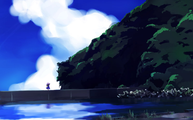 takanashi akihito, yakumo yukari, touhou, 1girl, cloud, day, female focus, nature, outdoors, parasol, plant, reflection, scenery, sky, solo, umbrella, water