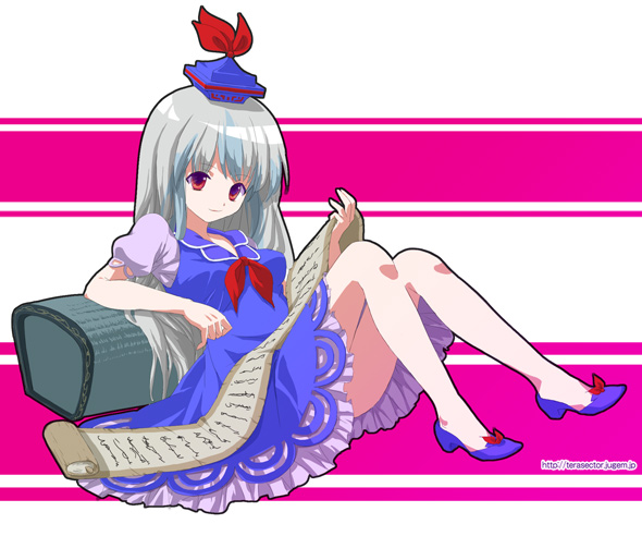 omuni, kamishirasawa keine, touhou, silver hair, 1girl, arm support, bare legs, dress, female focus, hat, long hair, reading, red eyes, scroll, sitting, solo