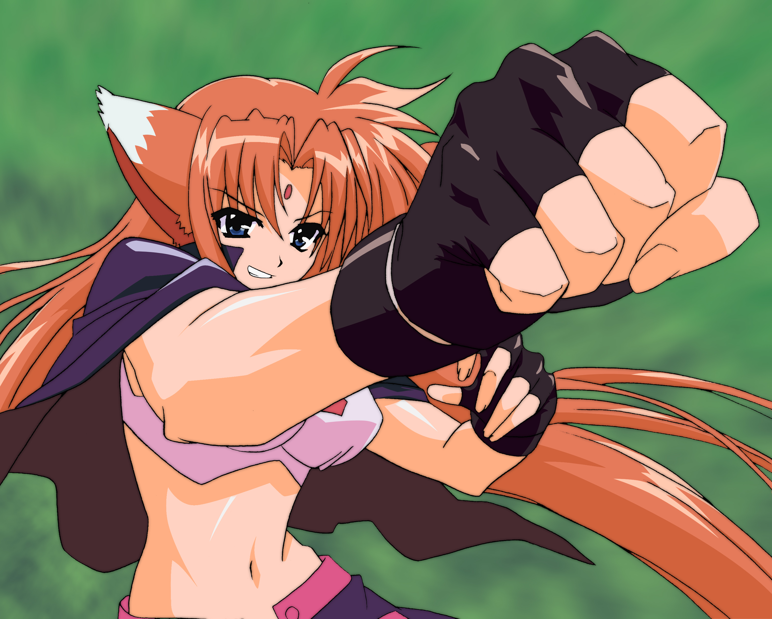 sia, sia (testarossa), arf, lyrical nanoha, mahou shoujo lyrical nanoha, absurdres, highres, 00s, 1girl, ahoge, animal ears, black gloves, blue eyes, blurry, breasts, cape, clenched hand, crop top, depth of field, dog ears, facial mark, female focus, fighting stance, fingerless gloves, forehead jewel, forehead mark, foreshortening, gem, gloves, grin, hip bones, long hair, midriff, narrow waist, orange hair, outstretched arm, parted bangs, pink hair, punching, smile, solo, upper body, very long hair