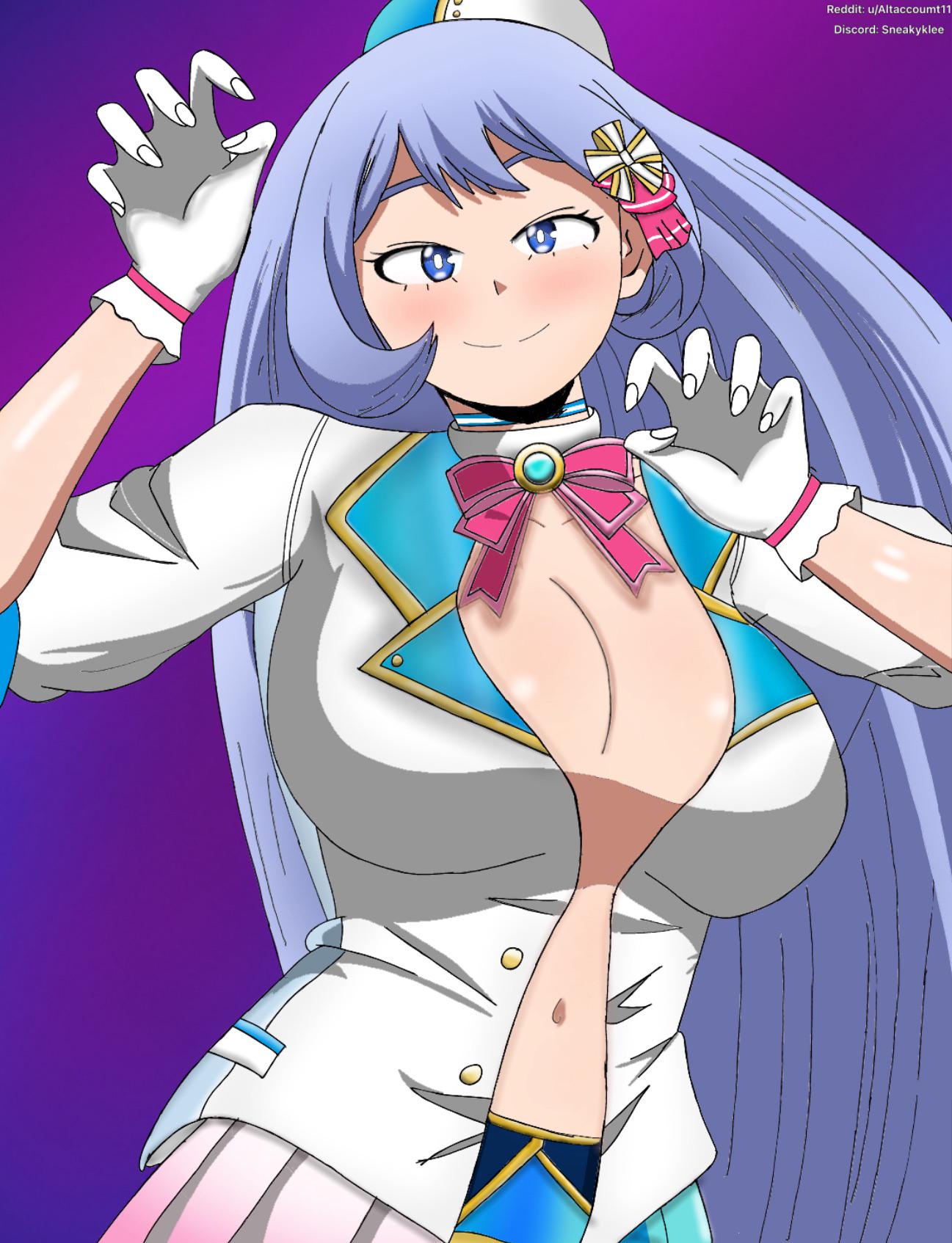 hado nejire, boku no hero academia, highres, 1girl, artist name, blue eyes, blue hair, breasts, cleavage, closed mouth, discord username, gloves, large breasts, long hair, looking at viewer, matching hair/eyes, navel, official alternate costume, open clothes, open shirt, purple background, reddit username, smile, sneakyklee, very long hair, white gloves