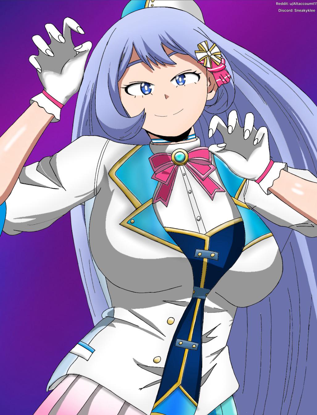 hado nejire, boku no hero academia, highres, 1girl, artist name, blue eyes, blue hair, breasts, closed mouth, discord username, gloves, large breasts, long hair, looking at viewer, matching hair/eyes, official alternate costume, purple background, reddit username, smile, sneakyklee, very long hair, white gloves