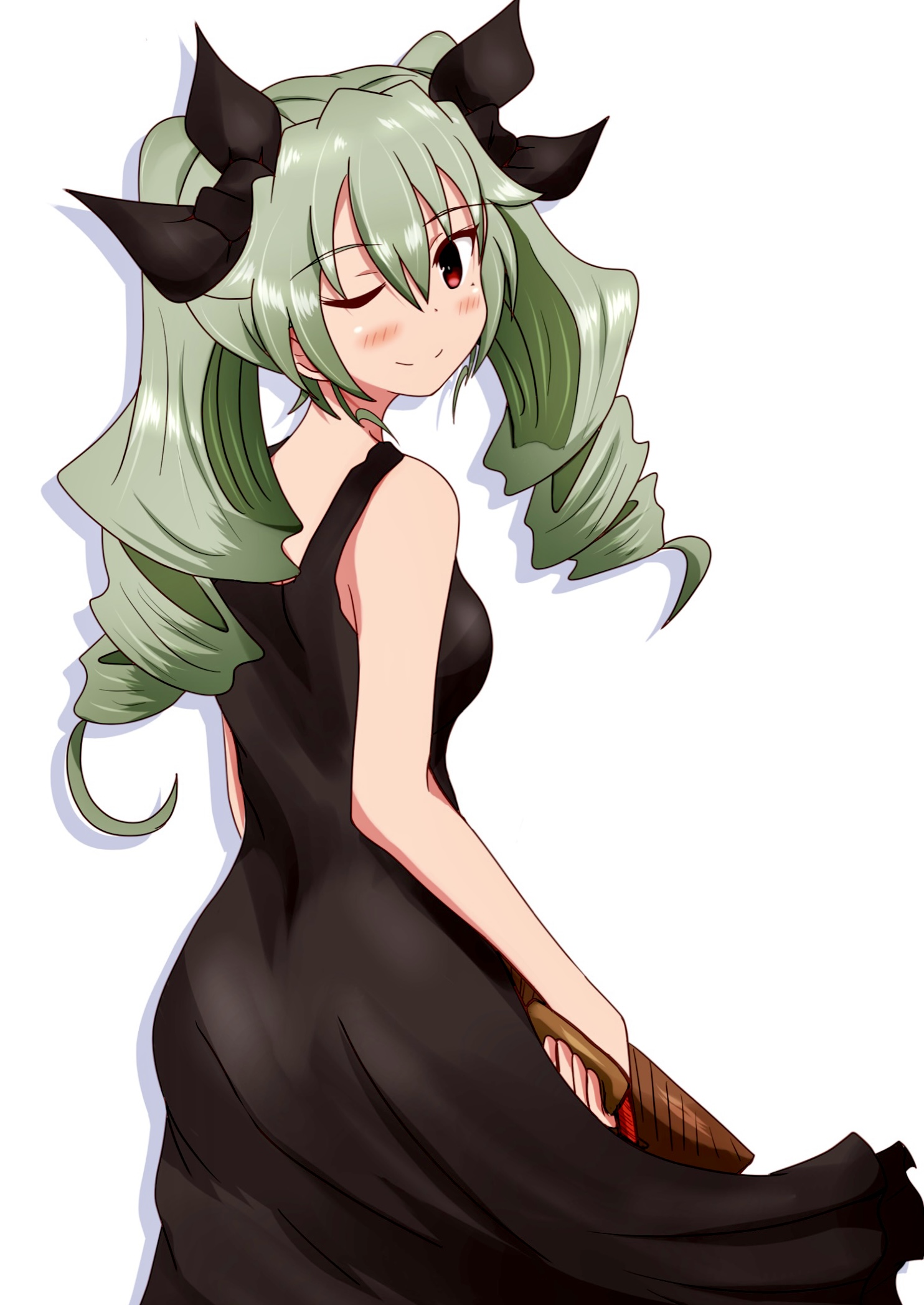 meiya, anchovy (girls und panzer), girls und panzer, highres, 1girl, alternate costume, bag, black bow, black dress, bow, breasts, closed mouth, dress, drill hair, floating clothes, from behind, from side, green hair, hair bow, holding, holding bag, long hair, one eye closed, red eyes, sleeveless, sleeveless dress, smile, solo, suitcase, sundress, twin drills, twintails, white background