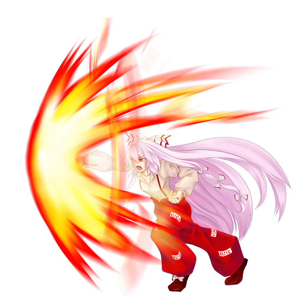 blackwing phoenix, tin fu fa, fujiwara no mokou, sol badguy, arc system works, guilty gear, touhou, bad id, bad pixiv id, 1girl, female focus, fire, long hair, parody, punching, red eyes, ribbon, solo, standing, tyrant rave, very long hair, white background