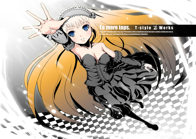 t-track, t-track (artist), bad id, bad pixiv id, 1girl, armpits, bare shoulders, blonde hair, blue eyes, breasts, checkered floor, cleavage, detached sleeves, dress, female focus, goth fashion, gothic lolita, headdress, lolita fashion, long hair, medium breasts, outstretched arm, solo