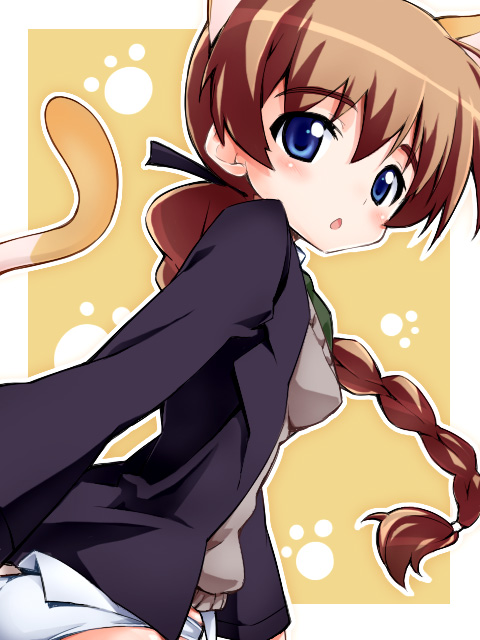 aikei, lynette bishop, strike witches, world witches series, 00s, 1girl, animal ears, blue eyes, braid, brown hair, cat ears, cat tail, female focus, long hair, panties, single braid, solo, tail, underwear