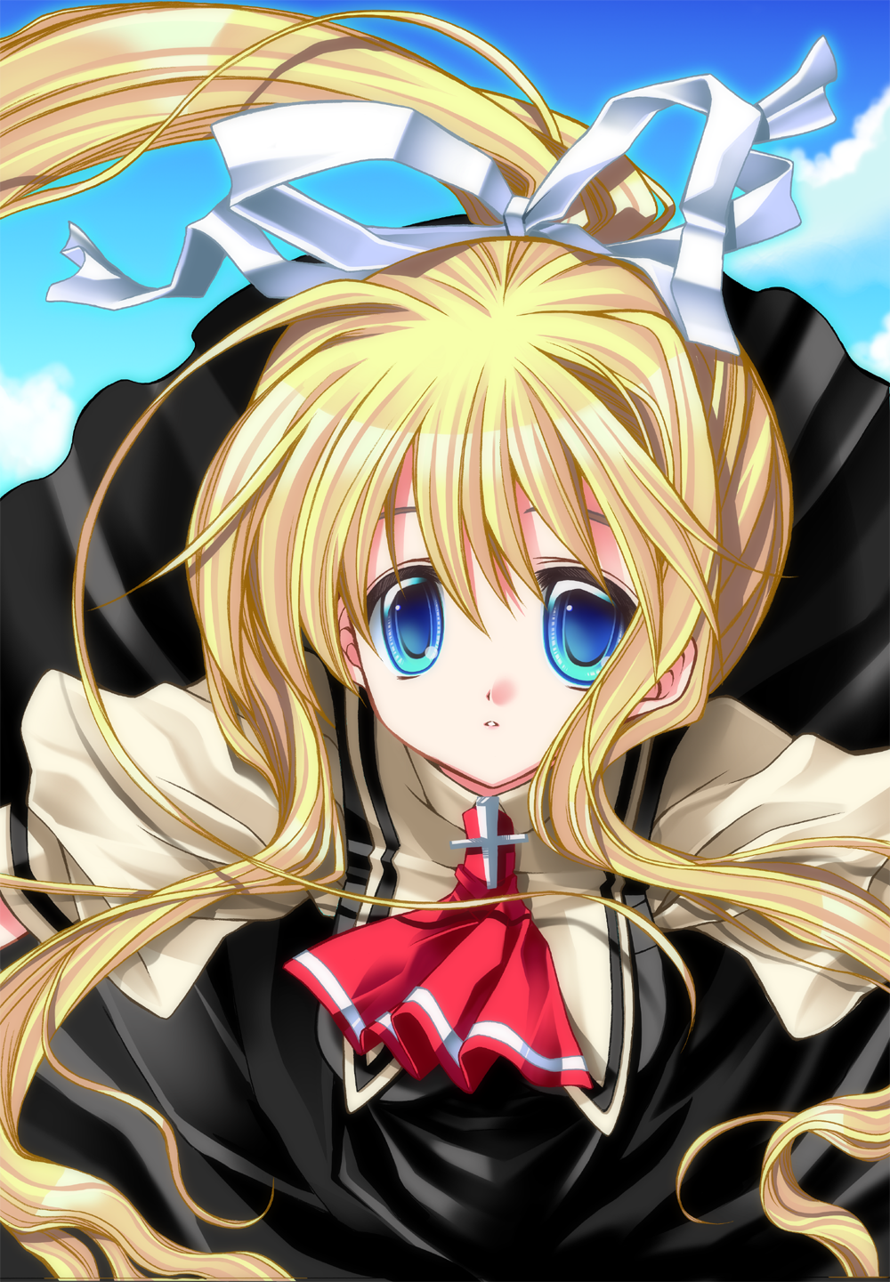 hana (pixiv), kamio misuzu, air (visual novel), bad id, bad pixiv id, highres, 00s, blonde hair, blue eyes, cross, hair ribbon, ribbon, school uniform, serafuku, solo