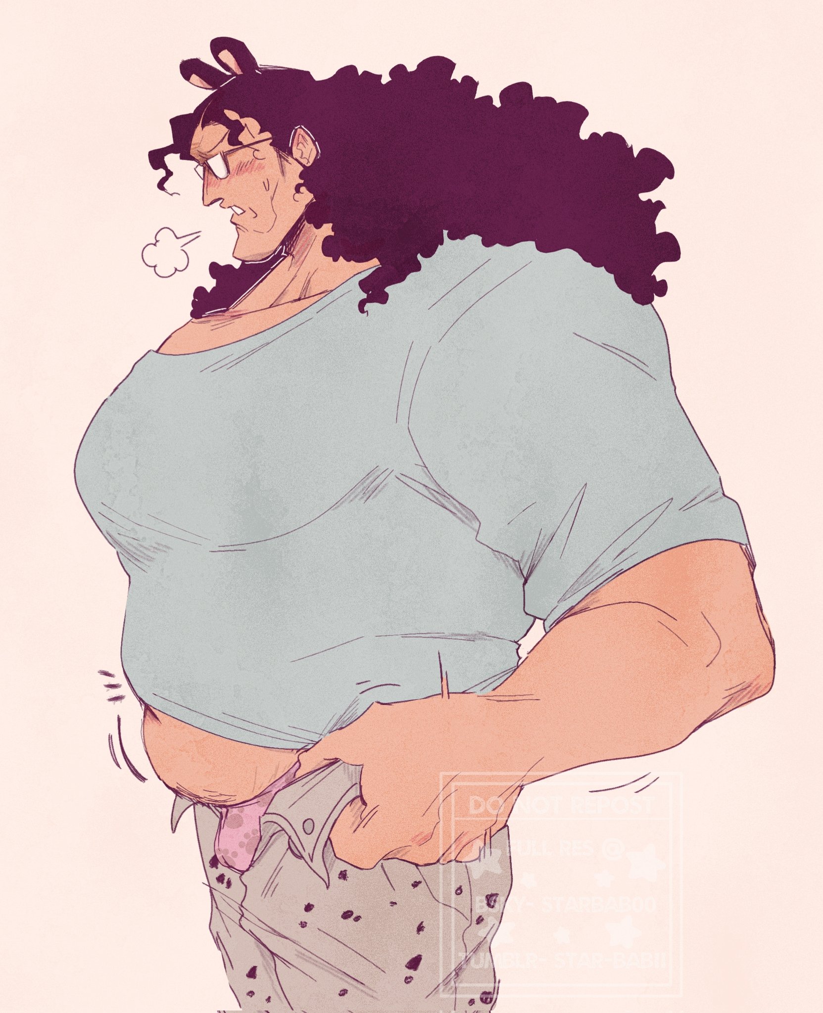 bartholomew kuma, one piece, highres, 1boy, animal ears, bara, bear ears, belly, bulge, bulge lift, cowboy shot, from side, glasses, huge pectorals, i've never seen a guy recreate this successfully tbh (meme), large hands, long hair, male focus, male underwear, meme, midriff peek, muscular, muscular male, pants, pants lift, plump, profile, shy, solo, standing, starbab00, underwear