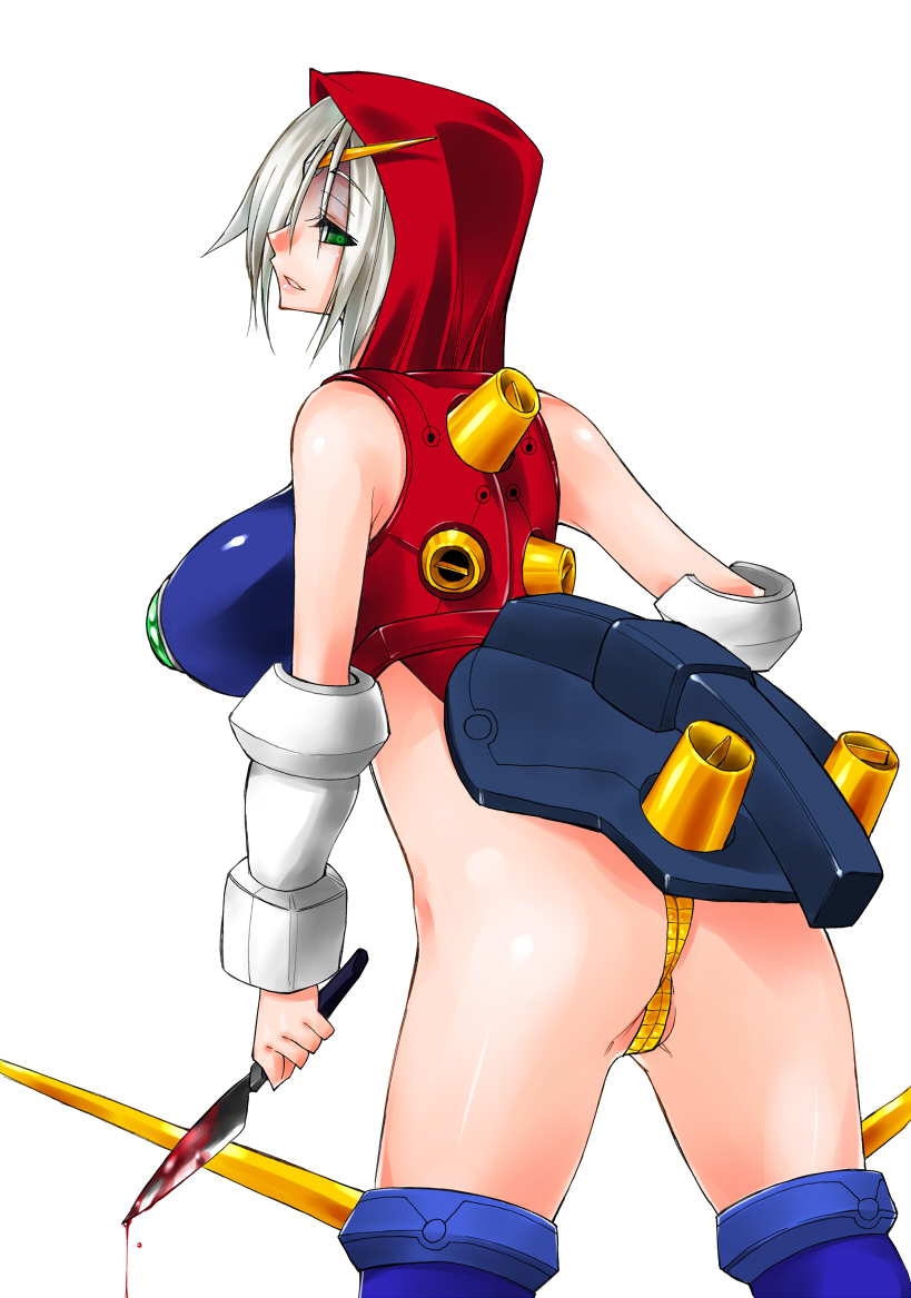 caw=zoo, devil gundam, g gundam, gundam, silver hair, 1990s (style), ass, back, blood, breasts, green eyes, huge breasts, knife, looking back, mecha musume, retro artstyle, short hair, solo, thighhighs