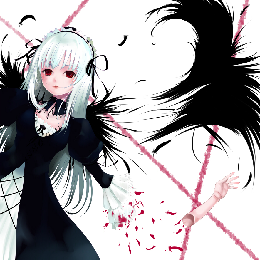akamaru, suigintou, rozen maiden, bad id, bad pixiv id, 00s, albino, black wings, blood, doll joints, feathers, joints, long hair, lying, red eyes, solo, white hair, wings